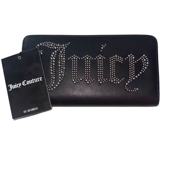 Juicy Couture Black Faux Leather Kimberly Rhinestone Logo Z/A Wallet Clutch Bag - Picture 10 of 11